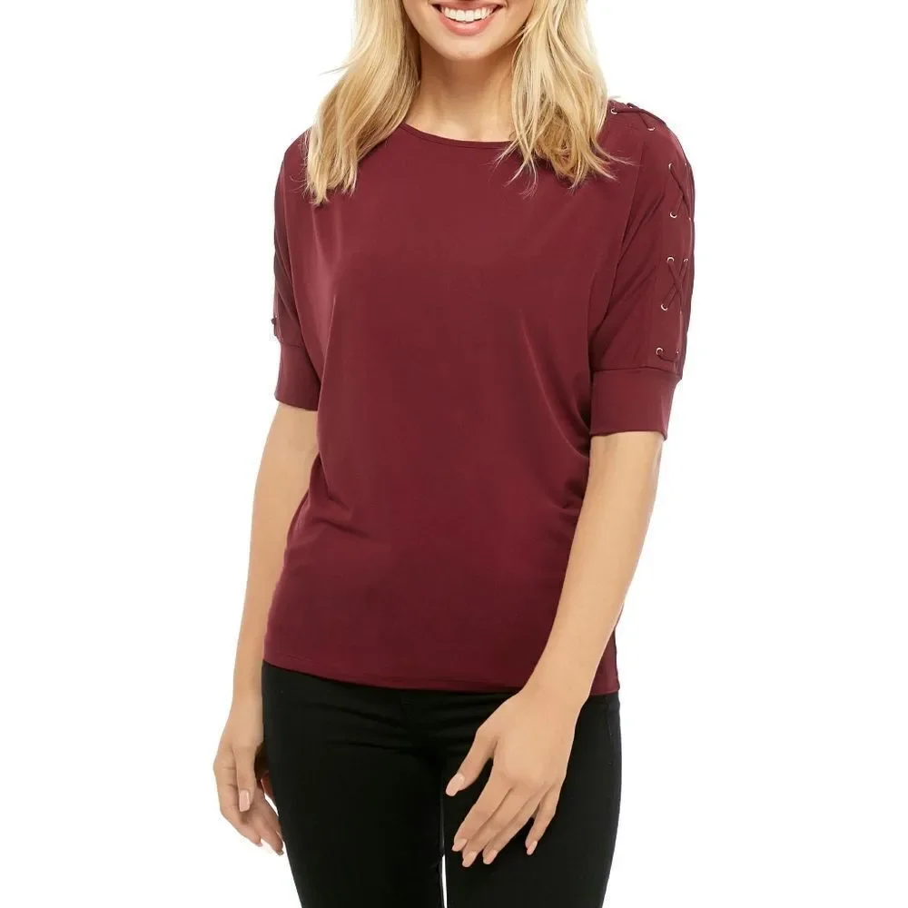 New! MICHAEL KORS Women's Dolman Lace-up Grommet Sleeve Top Blouse Red Size XL
